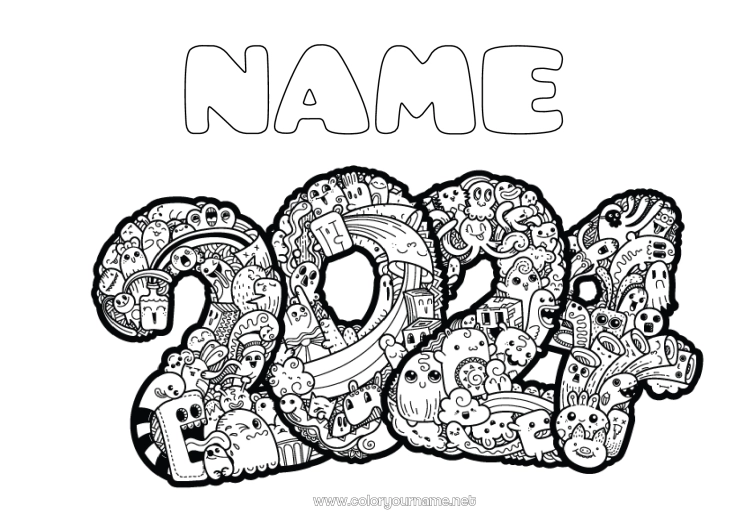 Coloring page to print Monster Happy new year Complex coloring pages 2024