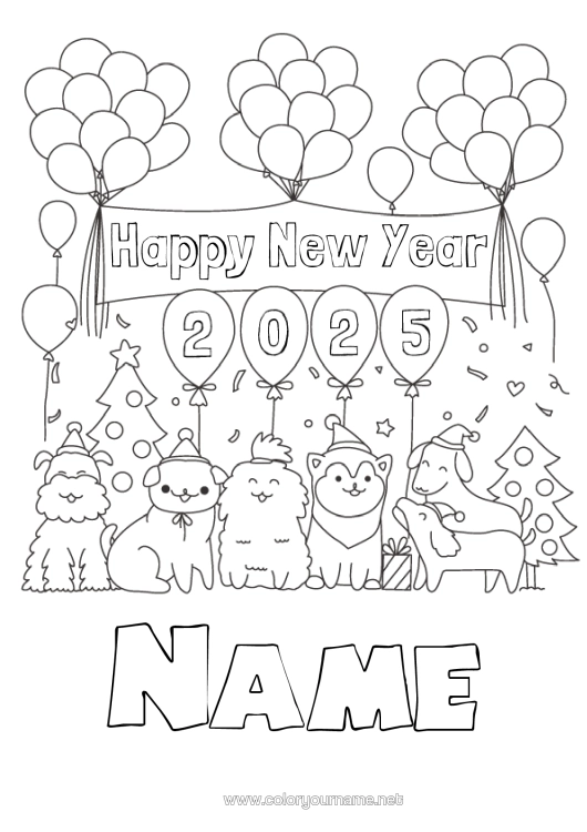 Colouring page to print Balloons Party Dog Happy New Year Animal Dogs And Cats 2025 "Happy New Year"