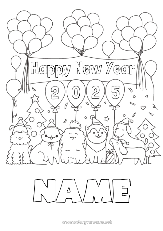 Coloring page to print Balloons Party Dog Happy new year Animal Dog and cat 2024 