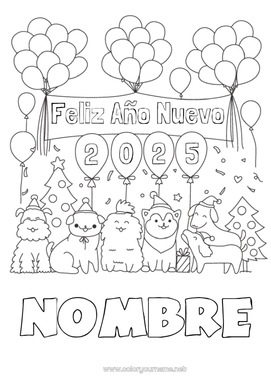 Dibujo para colorear para imprimir Globos Fiesta Perro Feliz año Animales Perros y gatos 2024 Mensaje 