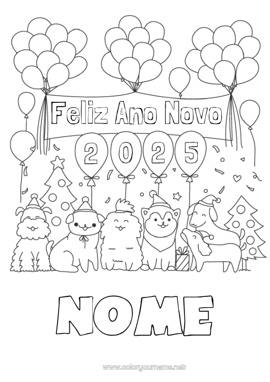 Página de desenho para imprimir Bolas Festa Cachorro Feliz Ano Novo Animal Cães e gatos 2024 Mensagem de 