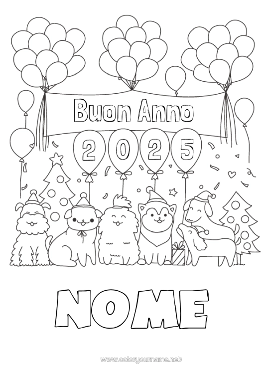 Pagina da colorare da stampare Palloncini Festa Cane Buon Anno Animale CanI e gatti 2024 Messaggio 