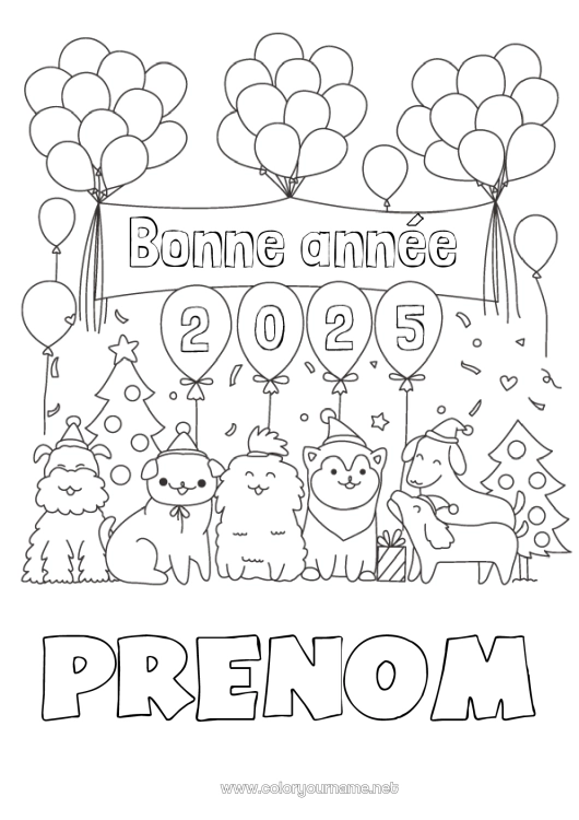 Coloriage à imprimer Ballons Fête Chien Bonne année Animal Chiens et chats 2024 Message 