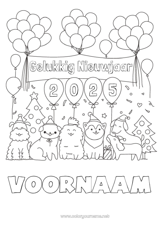 Kleurplaat om af te drukken Ballonnen Feest Hond Gelukkig Nieuwjaar Dier Honden en katten 2024 Nieuwjaarsboodschap