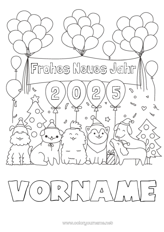 Malvorlage zum Ausdrucken Luftballons Fest Hund Frohes Neues Jahr Tier Hunde und Katzen 2024 Nachricht 