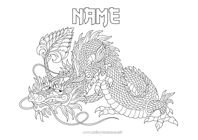 Coloring page to print Mandala Dragon Complex coloring pages Zentangle Dragons, unicorns and fantastic animals