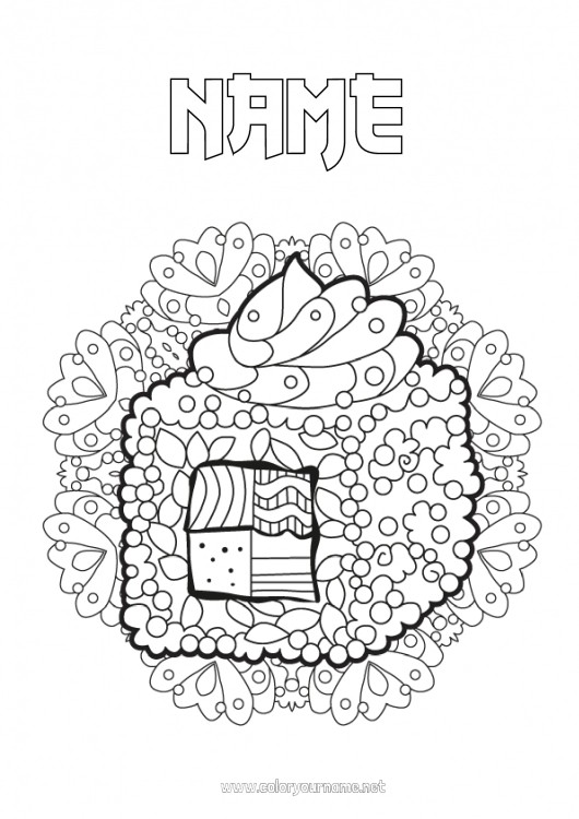 Coloring page to print Mandala Food Japan Zentangle Sushi