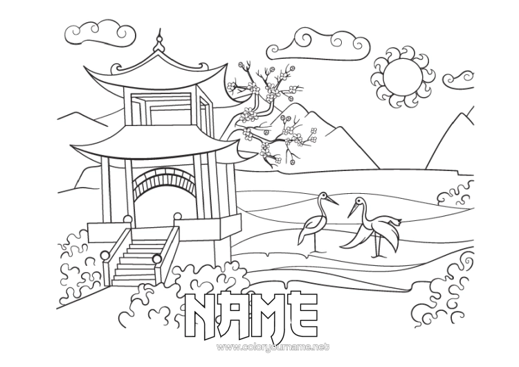 Colouring page to print Japan Pink Flamingo Birds And Flying Mammals Cherry Tree Pagoda