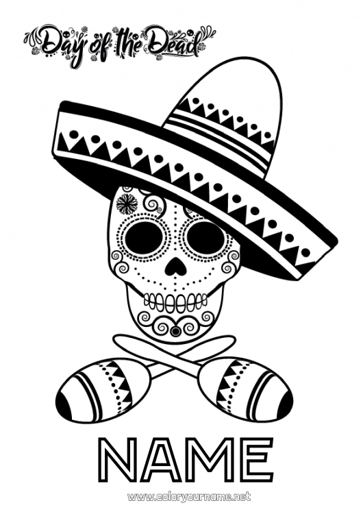 Coloring page to print Skull Día de los Muertos Hat Maracas Musical instruments