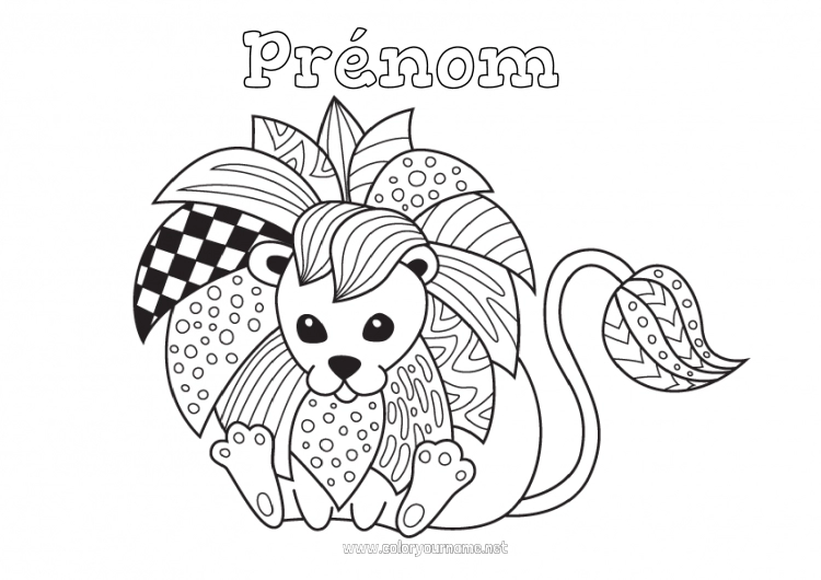 Coloriage à imprimer Mandala Lion Coloriages intermédiaires Zentangle Animaux sauvages d'Afrique