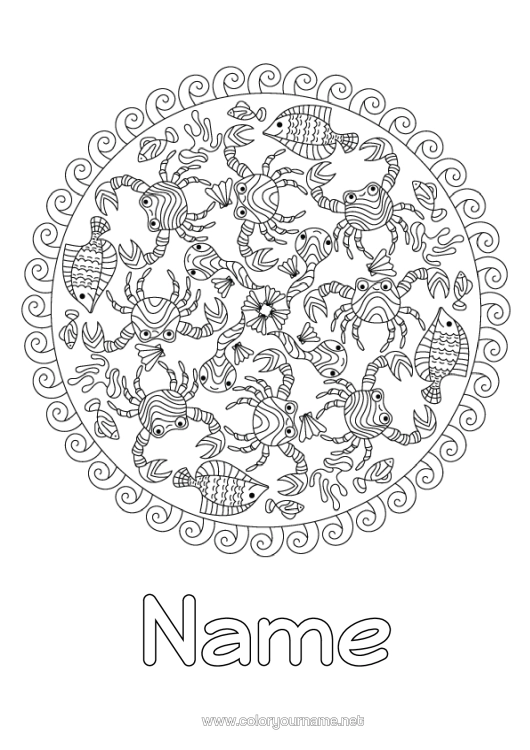 Colouring page to print Mandala Sea Animal Fish Crab Complex Colouring Pages Marine Or Aquatic Animals