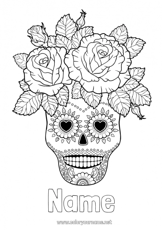 Coloring page to print Flowers Skull Día de los Muertos