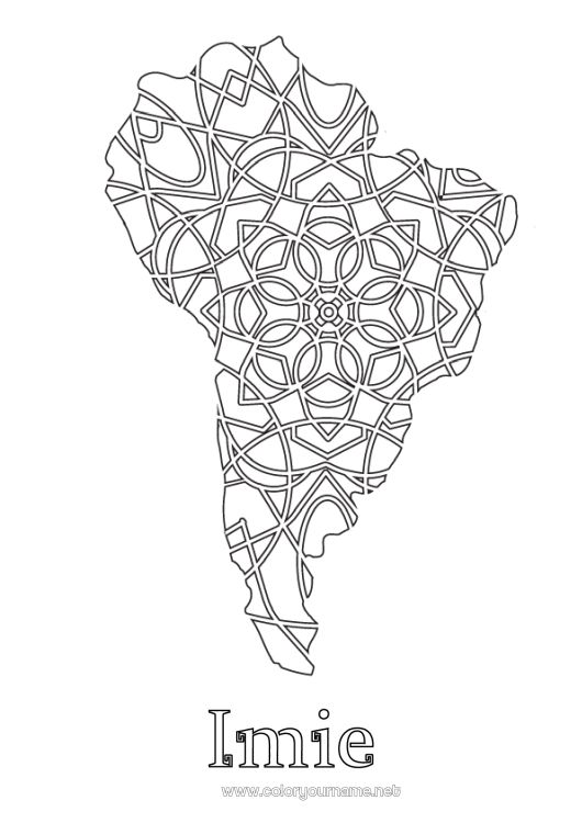 Kolorowanka do wydruku Geografia Zentangle Ameryka Południowa Mapa kontynentów