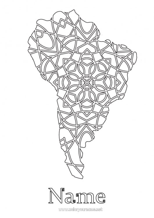 Coloring page to print Geography Zentangle South America Map of continents