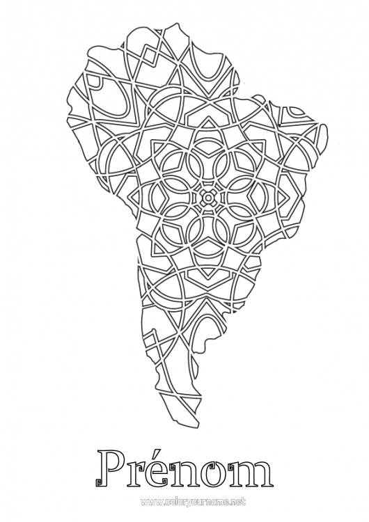 Coloriage à imprimer Géographie Zentangle Amérique du sud Carte des continents