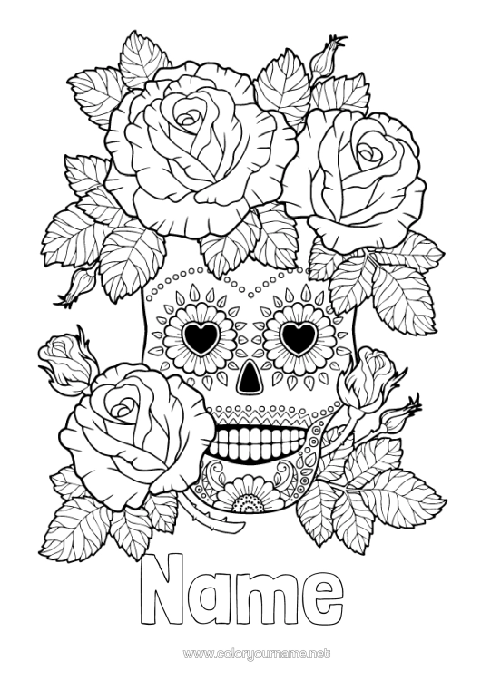 Colouring page to print Flowers Skull Day Of The Dead