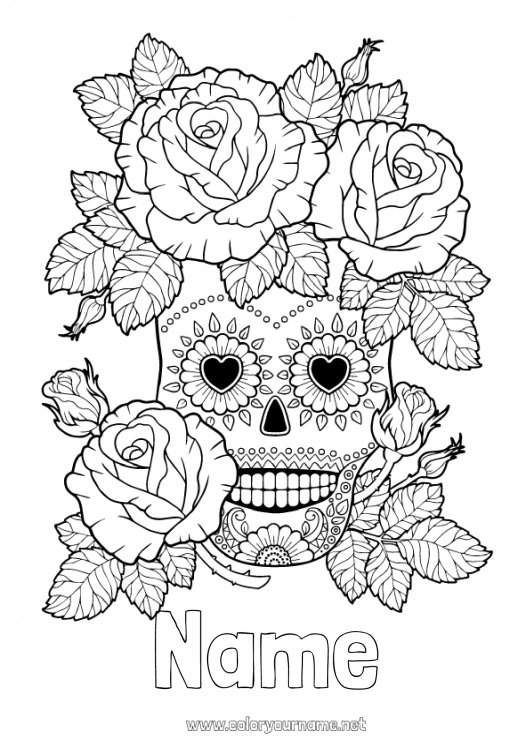 Coloring page to print Flowers Skull Día de los Muertos