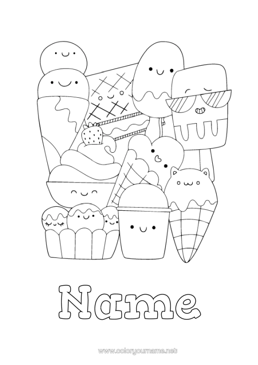 Colouring page to print Cute Treats, Sweets Ice Cream
