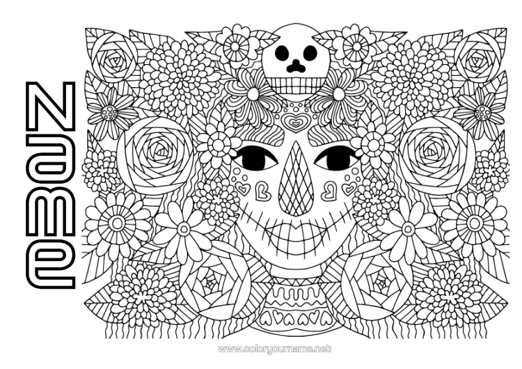 Colouring page to print Flowers Skull Day Of The Dead Catrina