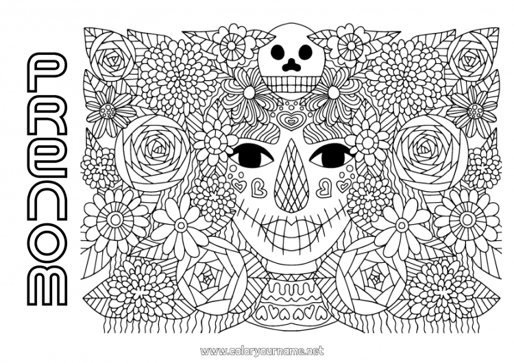 Coloriage à imprimer Fleurs Crâne Día de los Muertos Catrina