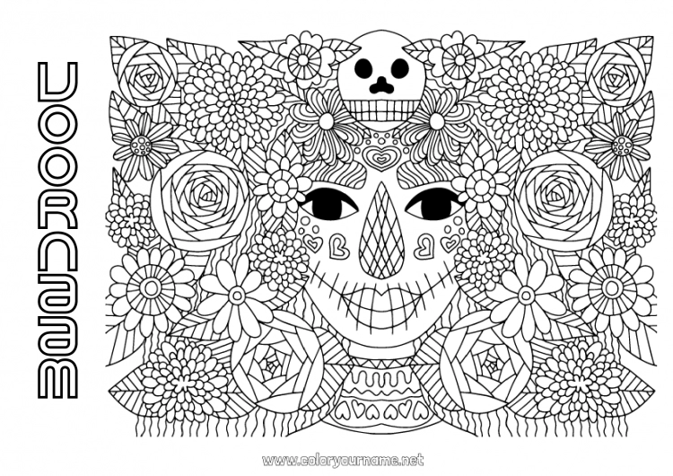 Kleurplaat om af te drukken Bloemen Schedel Dia de los Muertos Catrina