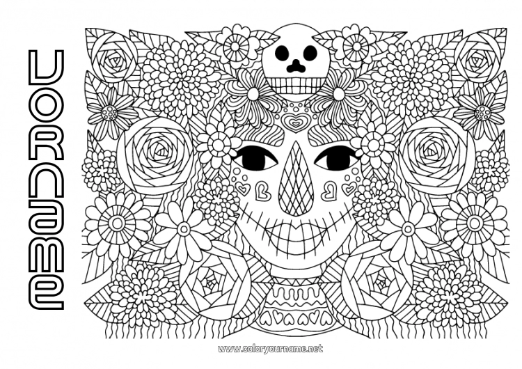 Malvorlage zum Ausdrucken Blumen Schädel Día de los Muertos Catrina