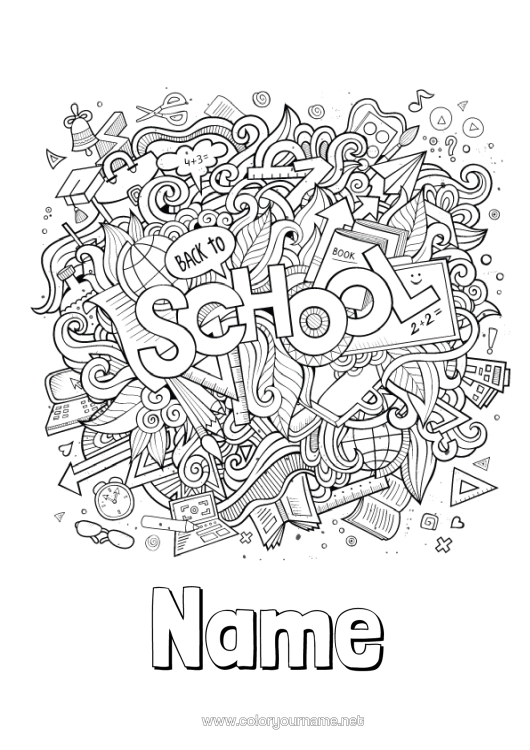 Colouring page to print Mandala School Pencil Globe Back To School Classroom Board Stationery Supplies Alarm Clock Square Paper Aeroplane