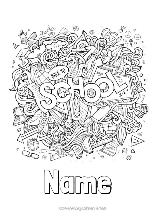 Coloring page to print Mandala School Pencil World globe Back to School Class board School supplies Alarm clock Square