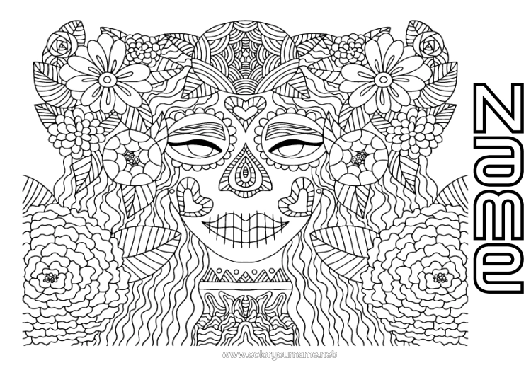 Colouring page to print Disguise Flowers Skull Day Of The Dead Catrina