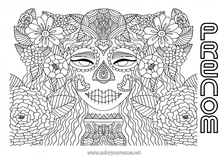 Coloriage à imprimer Déguisement Fleurs Crâne Día de los Muertos Catrina