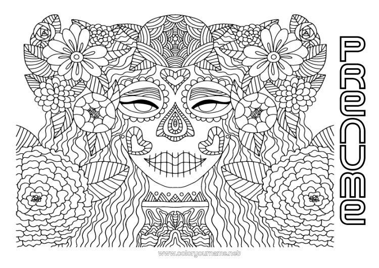 Pagină de colorat de imprimat Costum de carnaval Flori Cranium Ziua Morților Catrina
