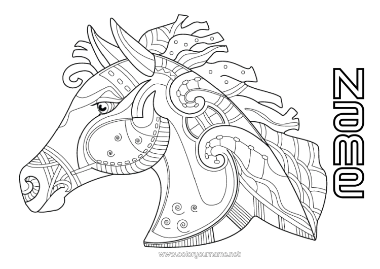 Colouring page to print Horse Animal Zentangle Farm Animals