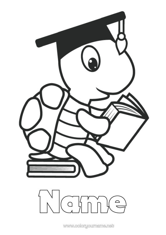 Colouring page to print Tortoise Book Reptiles Reading Back To School Student Cap Tortoise