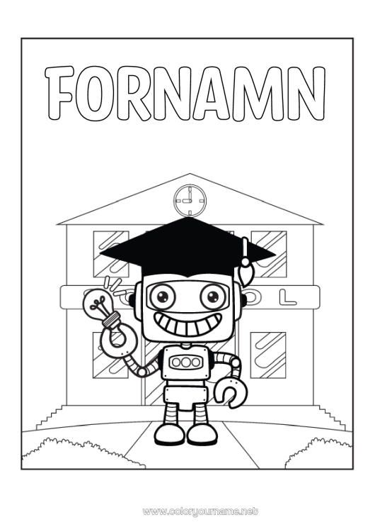 Färgläggningssida att skriva ut Robot Skola Glödlampa Skolstart