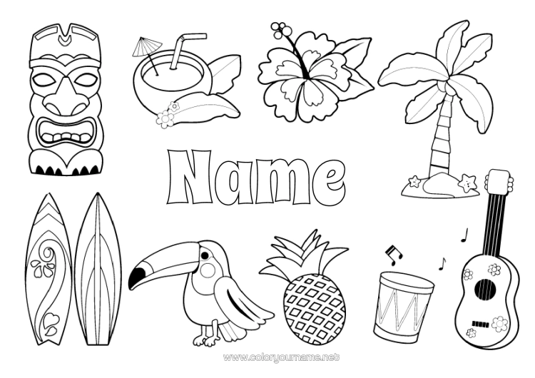 Colouring page to print Summer Palm Tree Pineapple Symbols Surfing Hibiscus Cocktail Guitar Island Musical Instruments Water Sports Totem