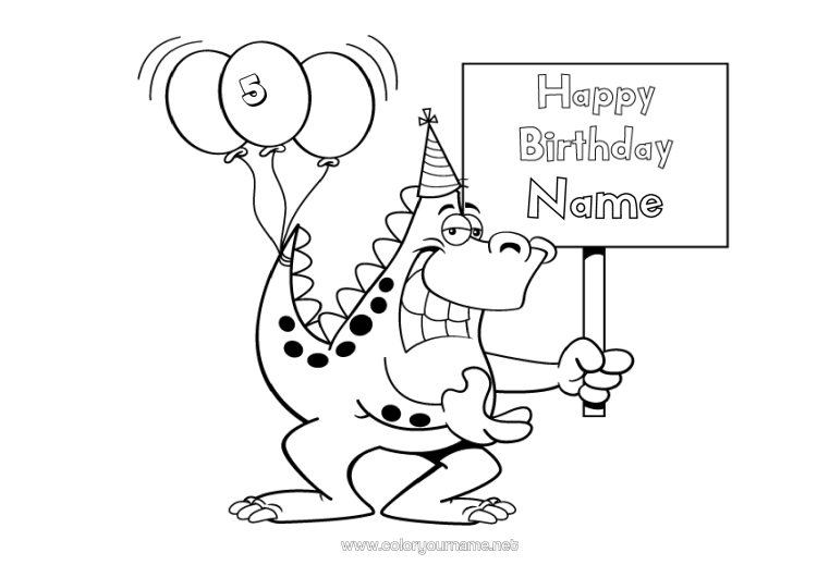 Colouring page to print Monster Birthday Balloons Dragon Happy Birthday Message Customisable Age Celebrated Dragons, Unicorns, And Fantastical Creatures