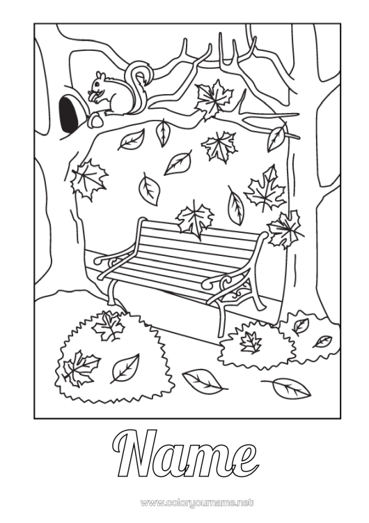 Colouring page to print Squirrel Autumn Leaves Forest Animals