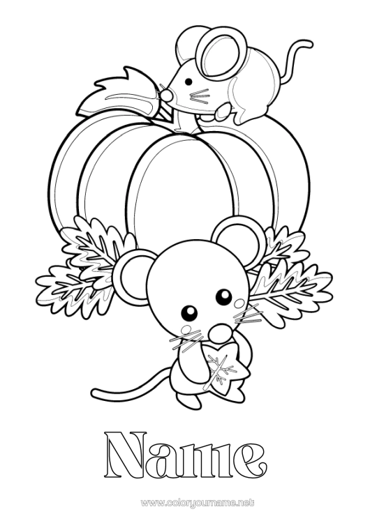 Colouring page to print Pumpkin Cute Autumn Mouse Leaves Forest Animals