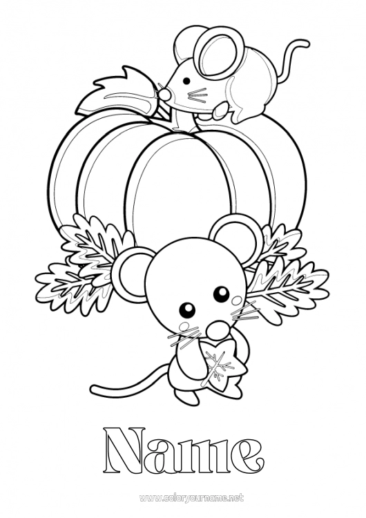 Coloring page to print Pumpkin Cute Autumn Mouse Leaves Forest animals