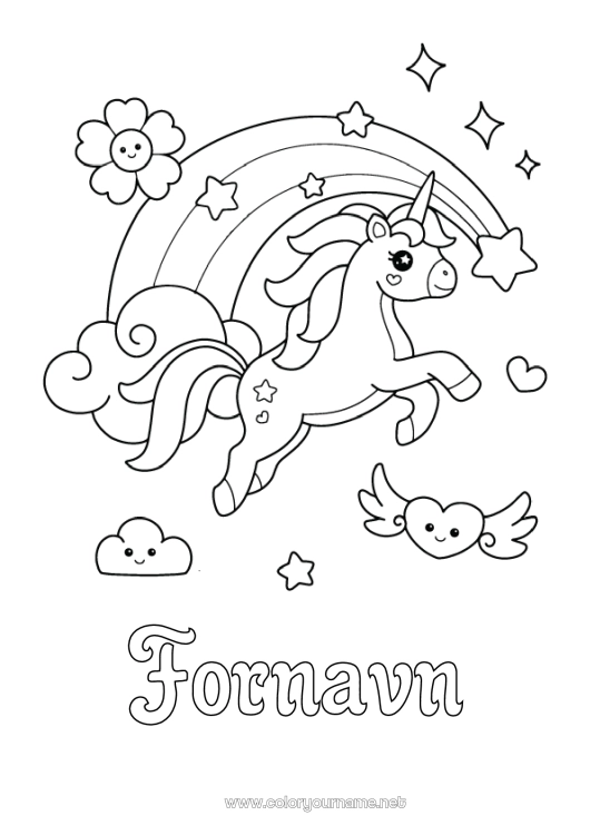 Farvelægningssiden til udskrivning Kawaii Enhjørning Dyr Regnbue Drager, enhornede heste og fantastiske dyr
