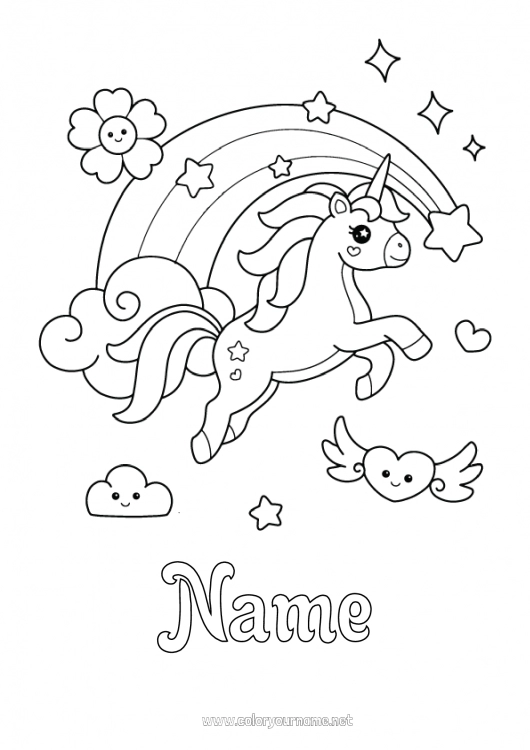 Coloring page to print Kawaii Unicorn Animal Rainbow Dragons, unicorns and fantastic animals