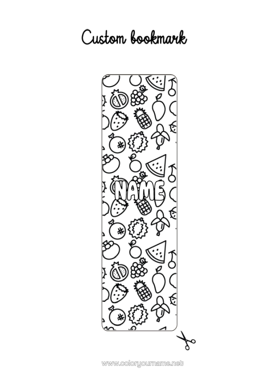 Colouring page to print Cute Summer Food Bookmark Pineapple Fruit Watermelon Banana Grape