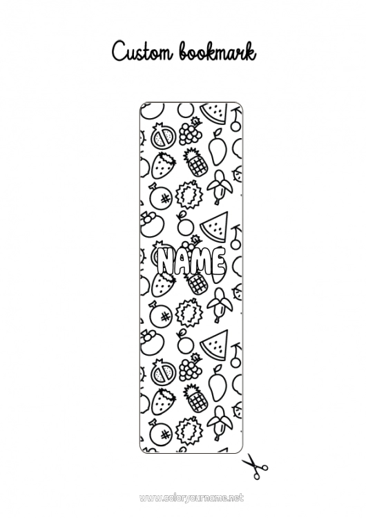 Coloring page to print Bookmark Pineapple Fruits Watermelon Banana Grape