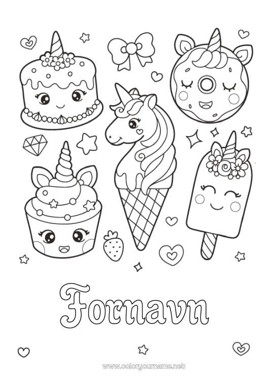 Farvelægningssiden til udskrivning Kage Kawaii Enhjørning Donuts Slik, søde sager Is. Muffin Drager, enhornede heste og fantastiske dyr