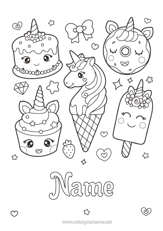 Colouring page to print Cake Cute Unicorn Doughnuts Treats, Sweets Ice Cream Fairy Cake Dragons, Unicorns, And Fantastical Creatures