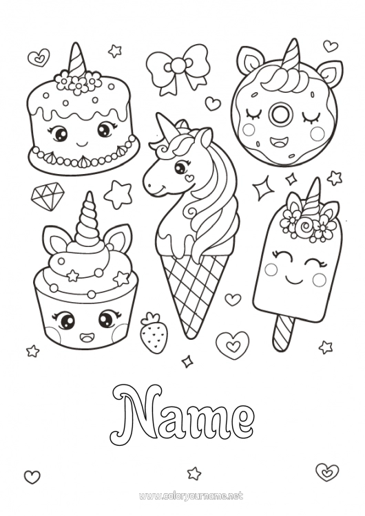 Coloring page to print Cake Kawaii Unicorn Donuts Treats Ice cream Cupcake Dragons, unicorns and fantastic animals