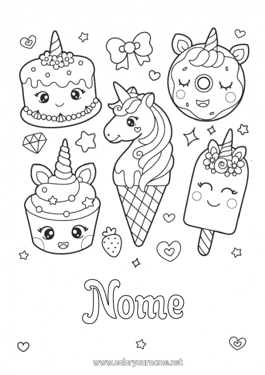 Pagina da colorare da stampare Torta Kawaii Unicorno Ciambelle Dolci, zuccherini Gelato Cupcake Draghi, unicorni e animali fantastici