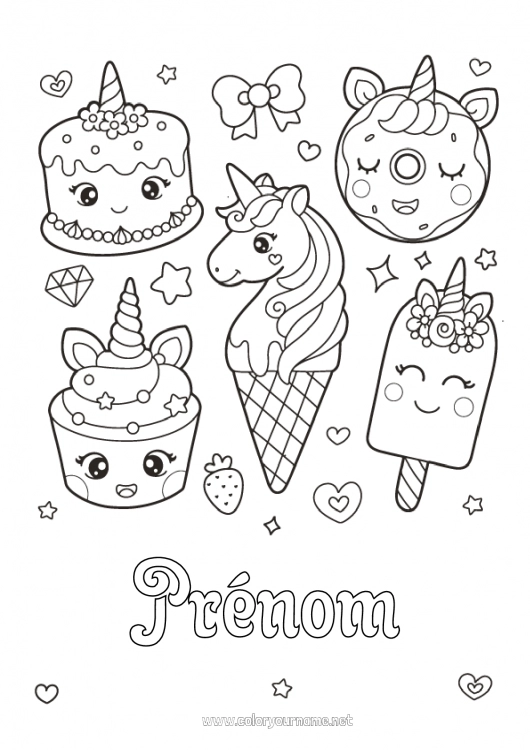 Coloriage à imprimer Gâteau Kawaii Licorne Donuts Gourmandises, sucreries Glace Cupcake Dragons, licornes et animaux fantastiques