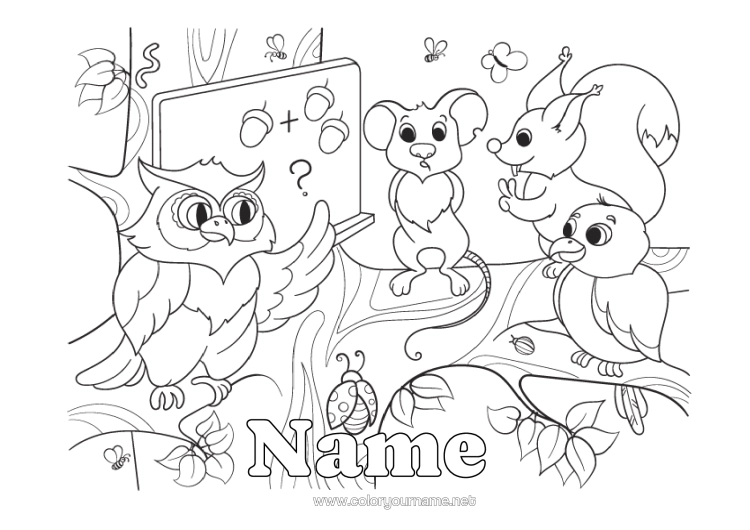 Colouring page to print Squirrel Mouse Owl, Tawny Owl Animal Mistress/Master Birds And Flying Mammals Forest Animals Education Professions Classroom Board Classroom Pupil Hazelnut