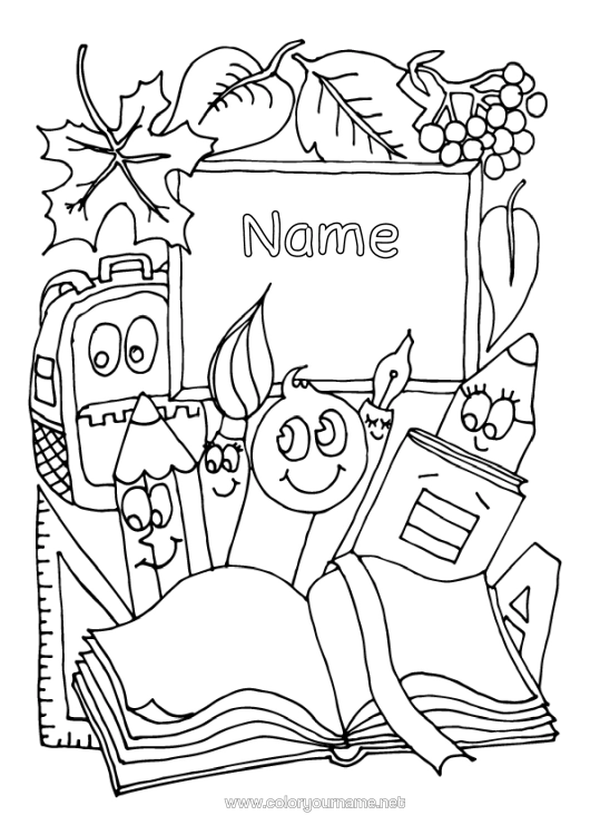 Colouring page to print Autumn Leaves Book Reading Pencil School Bag Classroom Board Stationery Supplies